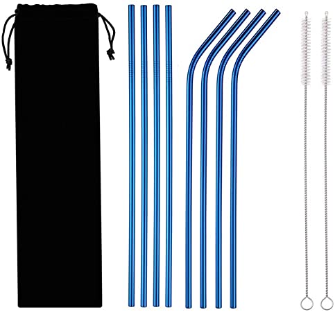 10PCS/Set Stainless Steel Straws, 8.5in Straight/Curved Reusable Replacement Metal Straws With Cleaning Brush For 20oz Tumblers - KKAAyueqin (8 blue)