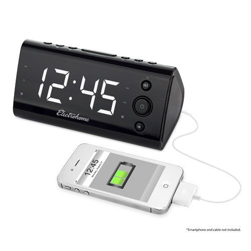Electrohome Alarm Clock Radio with USB Charging for Smartphones and Tablets includes Dual Alarm Battery Backup Auto Time Set and 12 LED Display with 4 Dimming Options EAAC470W