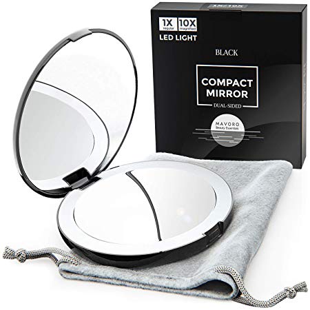 Magnifying Compact Mirror for Purses with LED Ring Light Up – Black Double Sided Lighted Makeup Mirror with Magnification 10x, Small Travel Mirror, Pocket or Purse Mirror. Folding Portable Mirrors