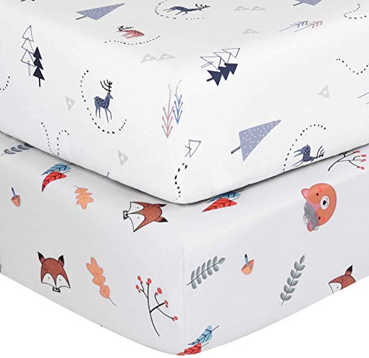 TILLYOU Microfiber Crib Sheets Set for Boys & Girls, Silky Soft Toddler Sheets Printed, Breathable Cozy Baby Sheets, 28 x 52in, 2 Pack Woodland Gray & Woodland White