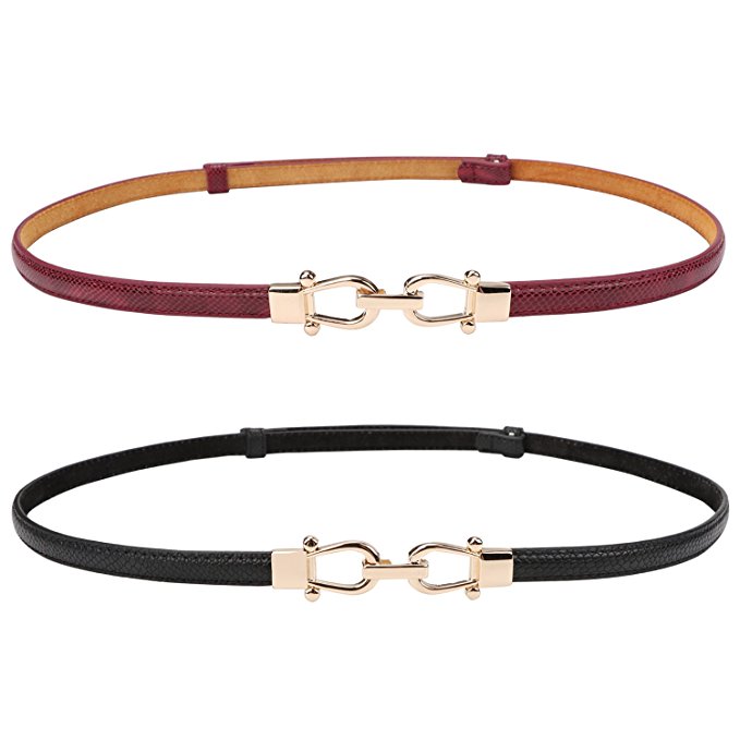 Leather Skinny Women Belt Thin Waist Belts for Dresses Up to 33" with Interlocking Buckle 2 Pack