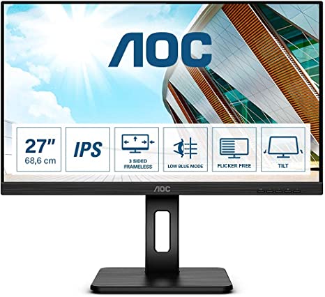 AOC Q27P2Q - 27 Inch QHD Monitor, 75Hz, 4ms, IPS, Height Adjust, USB Hub, Speakers, Adaptive Sync (2560x1440 @ 75Hz, 300cd/m², HDMI/DP/VGA/USB 3.2)