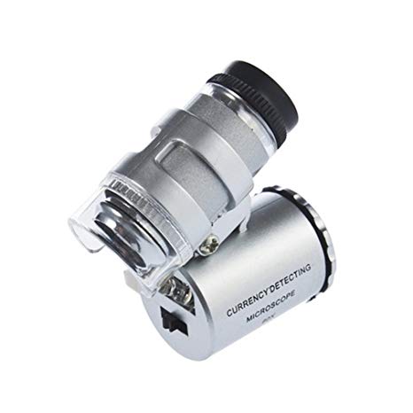 KIMILAR 60X Pocket Microscope Mini Portable Magnifier Magnifying Loupe with LED UV Light, Silver