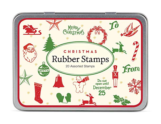 Cavallini Papers Rubber Stamps Set Christmas Mini, 20 Assorted Wooden Rubber Stamps Packaged in a Tin