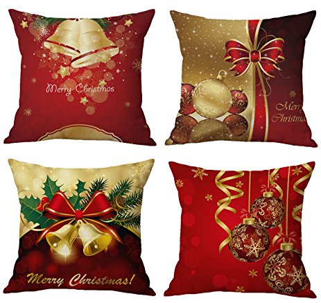 Merry Christmas Series Cotton Linen Decorative Throw Pillow Covers 18 Inch By 18 Inch (Xmas Bells & Bow)