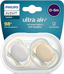 Philips Avent Lot de 2 sucettes Ultra Air sans BPA pour les bébés âgés de 0 à 6 mois, Gris/Jaune (modèle SCF085/15)