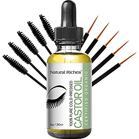 Pure Organic Cold Pressed Castor Oil for Eyelashes Growth Serum, Promotes Eyebrows & Eyelash Growth from Natural Riches, 1 fl oz Contains five sets of eyelash and eyebrow applicator brushes