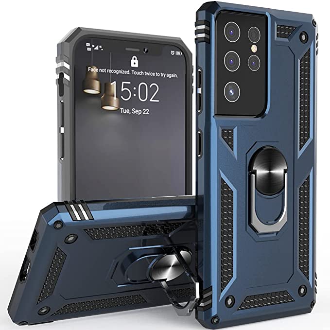 Profer Compatible with Samsung Galaxy S21 Ultra 5G Case Clear with Stand Kickstand Ring Slim Heavy Duty Defender Armor Military Grade Silicone Phone Cover for Samsung S21 Ultra Case Navy Blue