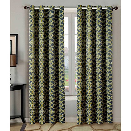 H.Versailtex Window Treatment Thermal Insulated Printed Grommet Room Darkening Curtains /Drapes for Bedroom (Set of 2 Panels,52 by 63 Inch Long ,Pavilion Fretwork Pattern in Olive&Charcoal)