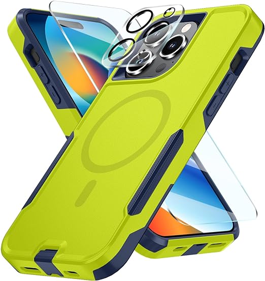SunRemex Magnetic for iPhone 15 Pro Max Case with Camera Lens Protector & Tempered Glass Screen Protector, Magsafe Heavy-Duty iPhone 15 Pro Max Phone Case 6.7" (GreenBlue)
