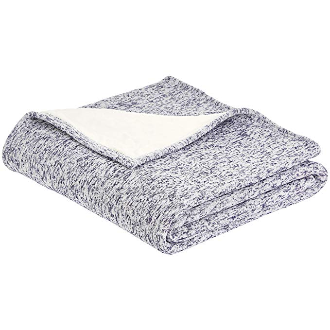 AmazonBasics Reversible Heather Knitted & Sherpa Blanket - Blue, 63" x 87"