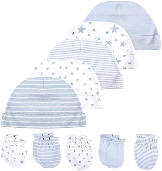 Newborn Baby Soft Cotton Organic Cap and Mitten Set Sunny Hats Various Pack for Hospital Baby Boy and Girl(0-6 Months)