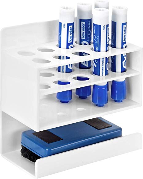 MyGift Wall-Mounted 2-Tier White Acrylic 10-Slot Dry Erase Whiteboard Marker and Eraser Holder Stand