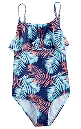 belamo Girls's Ruffle One Piece Swimsuits Leaf Print Bathing Suit Swimwear