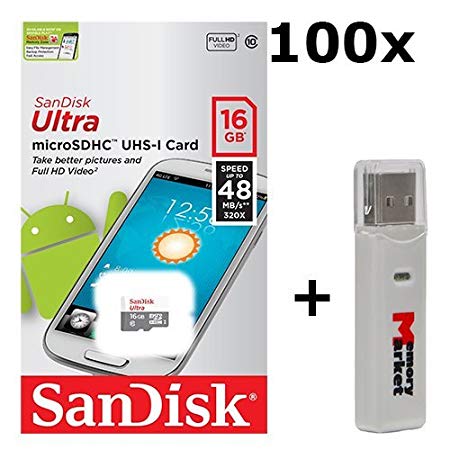 100 PACK - SanDisk Ultra 16GB UHS-I Class 10 MicroSDHC Memory Card Up to 48mb/s SDSQUNB-016G LOT OF 100 with USB 2.0 MemoryMarket dual slot MicroSD & SD Memory Card Reader