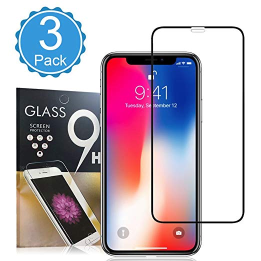 [3 Pack] iPhone X Glass Screen Protector BBInfinite [9H Hardness][Full Cover][No Bubbles] For Apple iPhone X [Edge Black]