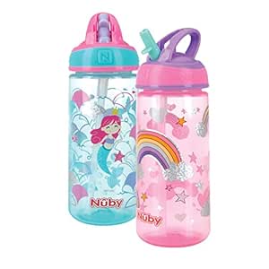 Nuby 2 Pack Iridescent PP Flip-it Kids On-The-Go Printed Water Bottle with Bite Proof Hard Straw - 18oz / 540 ml, 18  Months, 2 pk, Mermaid & Rainbow Print