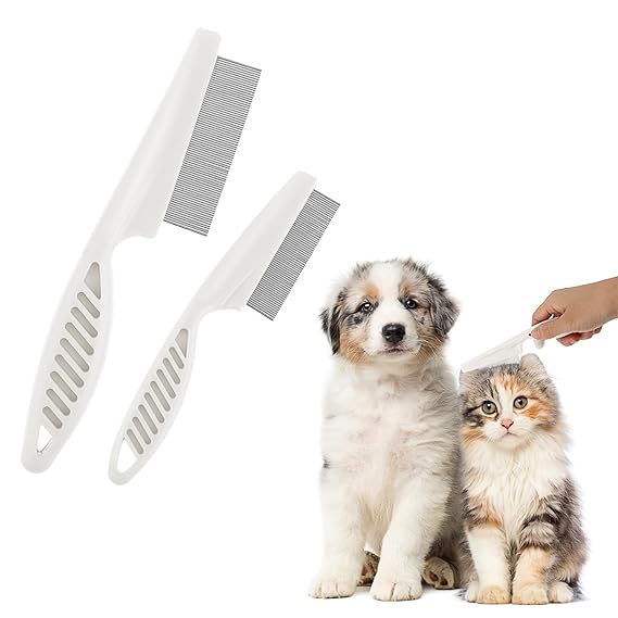 TIESOME Pet Hair Comb Tear Stain Removal,2 Pack Multifunctional Pets Grooming Comb Kit 2 in 1 Dog Combs Stainless Grooming Massage Dual-Sided Comb for Knots Crust Floating Hair Tangle Fleas(White)
