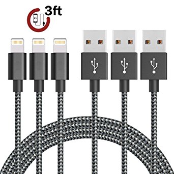 AOFU iPhone Cable,3Pcs 3FT Nylon Braided Lightning Charger to Cable Data Syncing Cord Compatible with iPhone 7/7 Plus/6S/6S Plus,SE/5S/5,iPad,iPod Nano 7(Black&Whtie)