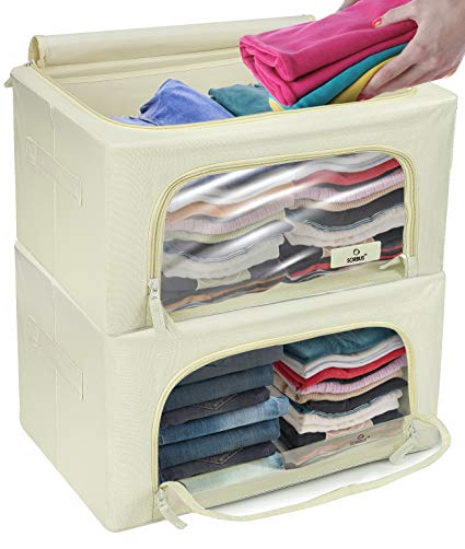 Sorbus Storage Bins Boxes, Foldable Stackable Container Organizer Basket Set with Large Clear Window & Carry Handles, for Bedding, Linen, Clothes (Small Window Storage Bag - 2 Pack, Beige)