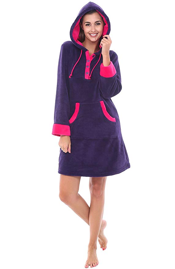 Alexander Del Rossa Womens Fleece Plus Size Nightgown, Hooded Pullover Lounger with Pockets