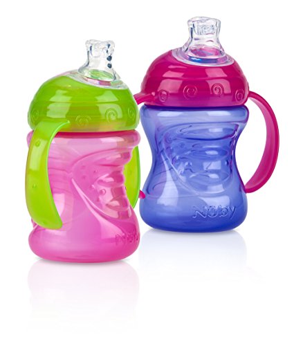 Nuby 2-Pack Two-Handle No-Spill Super Spout Grip N' Sip Cups, 8 Ounce, Pink and Purple