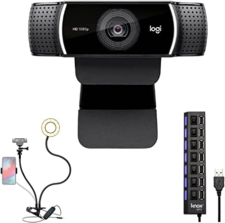 Logitech C922 Pro Stream 1080p Webcam Bundle with Ring Light and USB Hub (3 Items)