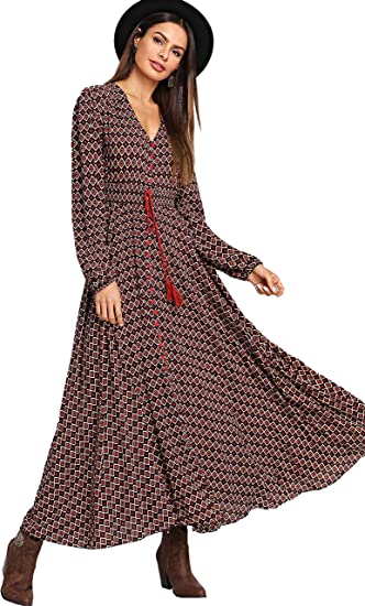 Milumia Women's Button Up Split Long Sleeve V Neck Multicolored Flowy Party Maxi Dress