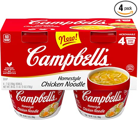 Campbell's Homestyle Chicken Noodle Soup, Perfect Lunch Snack, 7 Ounce Microwavable Cup, 4 Count (Pack of 4)