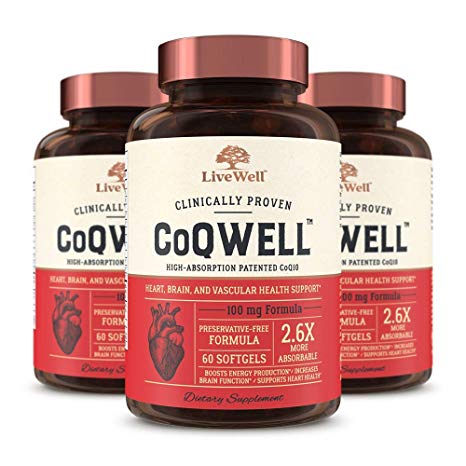 CoQWell - CoQ10 Heart, Brain, and Vascular Health Support | High-Absorption, Patented Coenzyme Q10 CoQsol | 180 Softgels - 180 Day Supply