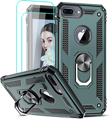 LeYi Compatible for iPhone 8 Plus Case, iPhone 7 Plus Case, iPhone 6 Plus Case with 2PCS Tempered Glass Screen Protector, Military-Grade Phone Case with Kickstand for iPhone 6s Plus, Midnight Green