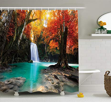 Ambesonne Waterfall Decor Collection, Deep Forest Waterfall Runoff Autumn Forest Image Pattern, Polyester Fabric Bathroom Shower Curtain Set with Hooks, Paprika Turquoise Ivory