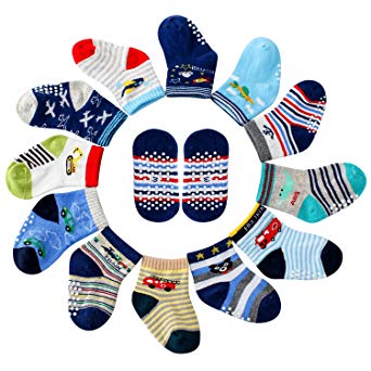 Maybox 12 Pairs Assorted Non Skid Ankle Cotton Socks Baby Walker Boys Toddler Anti Slip Stretch Knit Footsocks Sneakers Crew Socks With Grip For Baby Boy