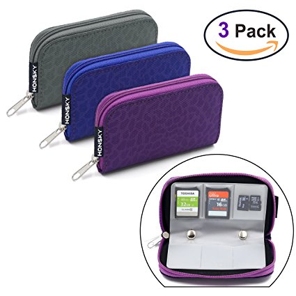 Memory Card Holder, HONSKY 3 Set 22 Slot Leopard Print SD CF SDHC SDXC MMC Micro SD SecureDigital Memory CompactFlash Card Carrying Cases Sleeves Media Storage Organization - Purple, Blue, Grey