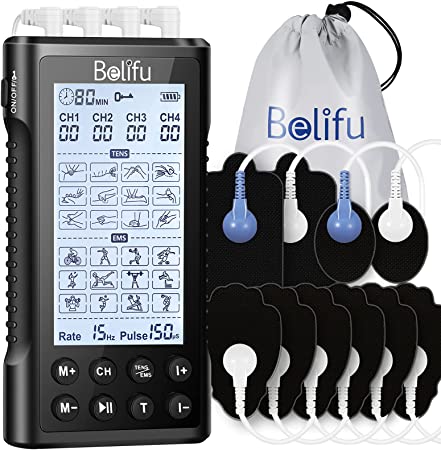 Belifu 4 Independent Channel TENS EMS Unit, 24 Modes,30 Level Intensity Muscle Stimulator Machine, Rechargeable Electric Pulse Massager with 10 Pads&5 Set Leads Wires, for Pain Relief Therapy