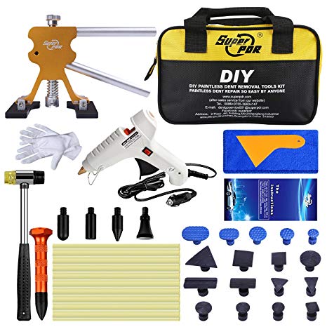 Fly5D Car Auto Body Paintless Dent Repair Remover Tool Kit Set for Hail Damage and Door Ding Removal Bridge Dent Puller Lifter Kits Hot Melt Glue Gun with Rubber Hammer