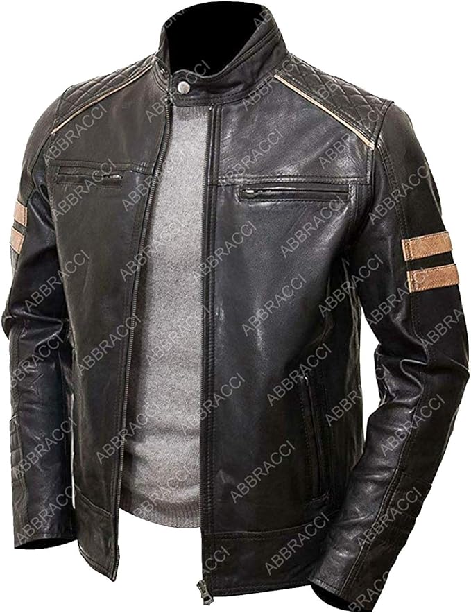 Cafe Racer Retro Mens Zip up Motorcycle Leather Jacket Men