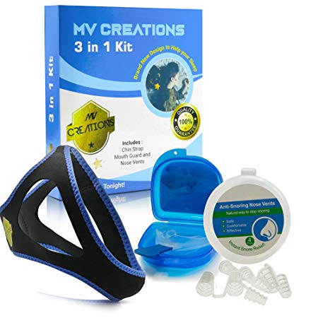 MVCreations - Snoring Solution - Sleep Aid - Anti Snoring Devices - Snore Stopper - Snoring Mouthpiece - Mouth Guard - Snore Stopper - Chin Strap - Nose Strips - Stop Snoring - Anti Snoring Chin Strap