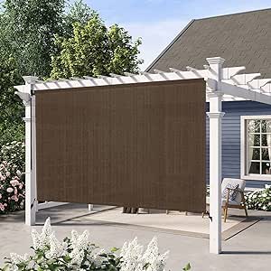 Artpuch Outdoor Roller Shade 4' W x 8' H Fabric Blind Mocha Cordless Roll Up Shade, Wand Operation Exterior Roller Shade Cloth for Patio Porch Gazebo