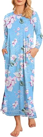 Ekouaer Women's Nightshirt Long Sleeve Nightgown Round Neck Sleepwear Full Length Pajama Dress with Pockets Loungewear S-XXL