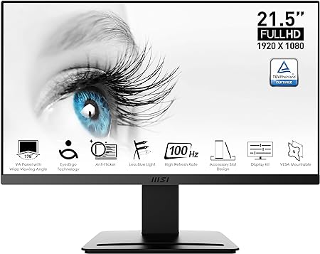 MSI PRO MP223, 22-inch VA 1920 x 1080 (FHD) Computer Monitor, 100Hz, Adaptive-Synch, HDMI, Video Port, VESA Mountable, Tilt, 1ms, Black