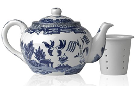 HIC Blue Willow Teapot, Fine White Porcelain, 3-Cup, 16-Ounce