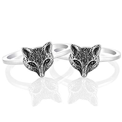 925 Oxidized Sterling Silver Twin Fox Heads Couple Ring for Women Jewelry Size 6, 7, 8