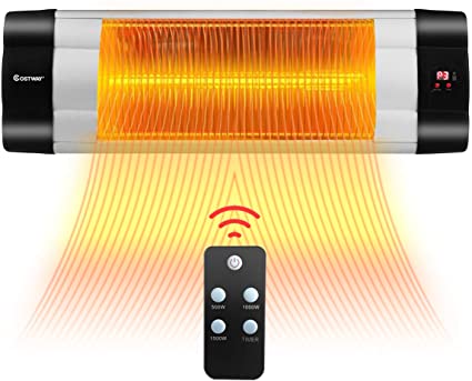 COSTWAY Wall Mounted Infrared Patio Heater with Remote Control, LED Display, 3 Heat Settings & 24-Hour Timer, Angle Adjustable Indoor Outdoor Electric Warmer, IP34 Waterproof