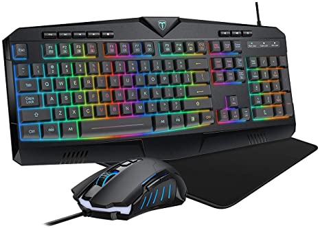 Pictek Gaming Keyboard and Mouse Combo, Wired LED RGB Backlit with Multimedia Keys Wrist Rest, 25 Keys Anti-Ghosting, 8 Efficient Multimedia Keys, Ergonomic Gaming Mouse with 4-Color Backlight for PC