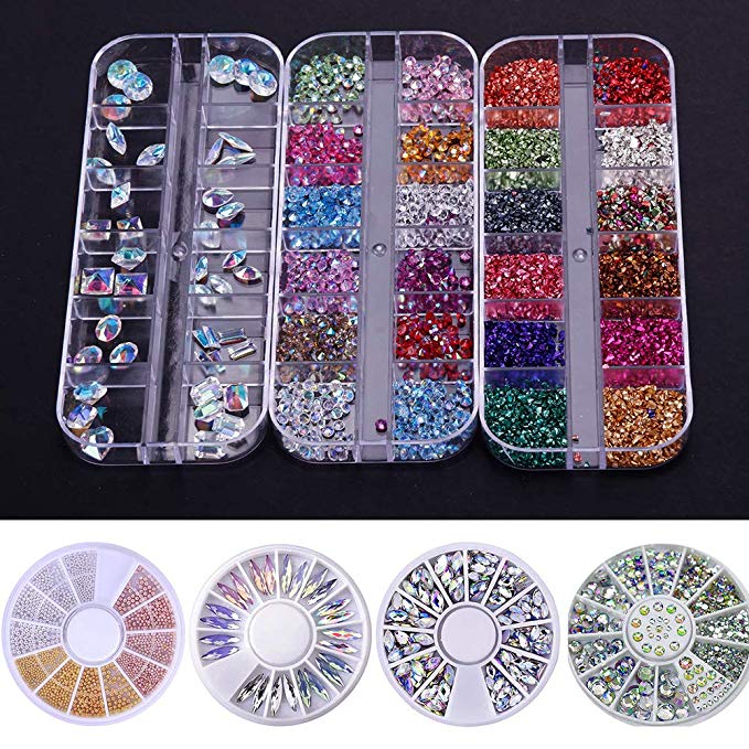 Ownsig 7 Boxes Mixed Nail Art Rhinestones Set, 3D Colorful Glitter Gravel Crystal Gem Steel Beads Nail Charms Decorations