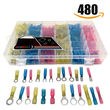 480pcs Heat Shrink Connectors, Sopoby Electrical Butt Wire Connectors Waterproof Marine Automotive Spade Ring Terminals Kit With Case