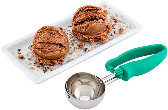 Comfy Grip 3.25 Ounce Portion Scoop, 1 Ambidextrous Stainless Steel Disher - Built-In Blade, Bright Handle, Green Stainless Steel Disher Scoop, Comfortable Grip, For All Types Of Ingredients