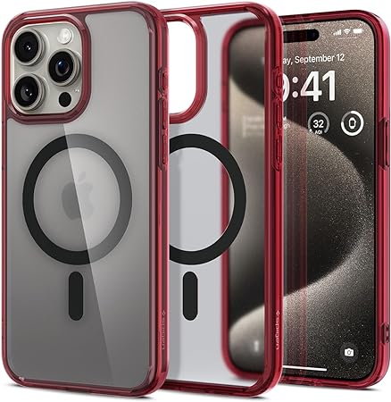 SPIGEN Ultra Hybrid (MagFit) Designed for Apple iPhone 15 Pro Max Case (2023)[6.7-inch][Compatible with MagSafe] Magnetic Ring Air Slim Bumper Hard Clear Cover - Frost Deep Red