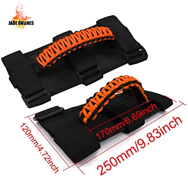 Jade Onlines for Jeep Grab Handles 2 Pieces, Roll Bar Paracord Grab Handles for Jeep Wrangler YJ CJ TJ JK JKU JL JLU Red Jeep Grip Handles with 3 Straps and Woven Handle(Orange)